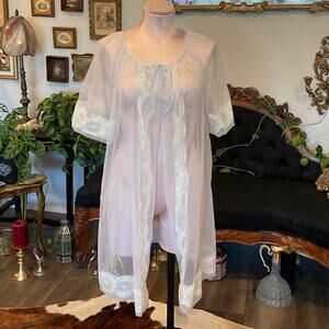 Vintage Tie Sheer lingerie Robe Lightweight Short Sleeve Size M White